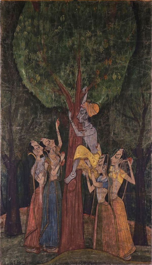 INDIAN SCHOOL 19TH CENTURY.  KRISHNA UP A MANGO TREE WITH FEMALE ATTENDANTS BELOW