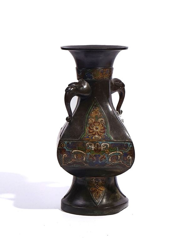 A JAPANESE BRONZE AND CHAMPLEVÉ ENAMEL TWO-HANDLED VASE