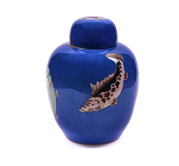 A CHINESE BLUE-GROUND OVIFORM JAR AND COVER