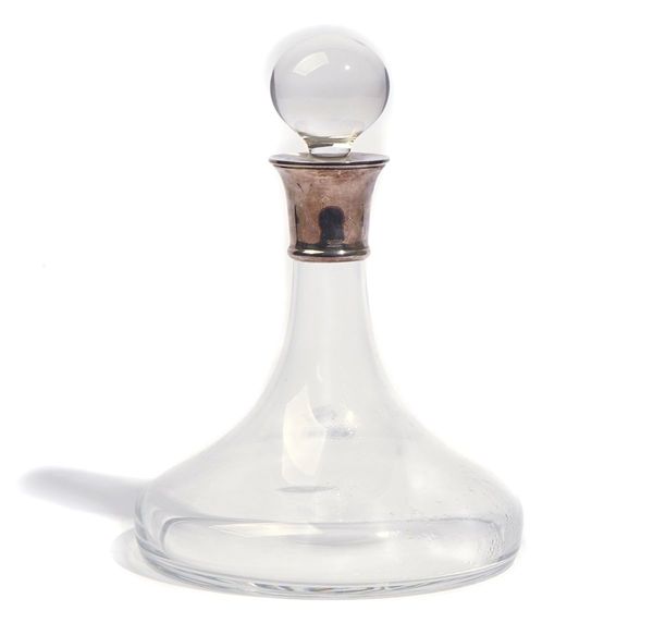 A SILVER MOUNTED SHIPS'S STYLE GLASS DECANTER