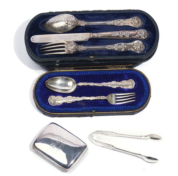 A VICTORIAN SILVER THREE-PIECE CHRISTENING SET AND THREE FURTHER ITEMS, (4)