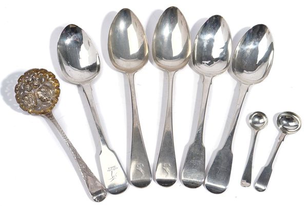 THREE IRISH SILVER FIDDLE PATTERN TABLESPOONS AND FURTHER SILVER FLATWARE (8)