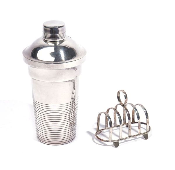 A SILVER TOASTRACK AND A PLATED COCKTAIL SHAKER (2)