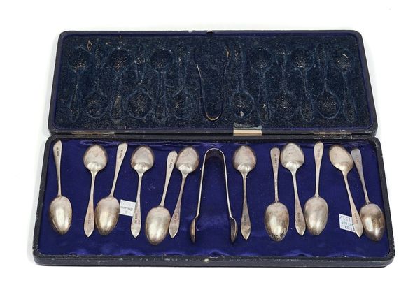 A SET OF TWELVE SILVER COFFEE SPOONS AND A MATCHING PAIR OF SUGAR TONGS