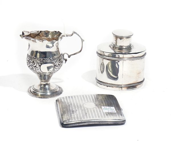 A SILVER TEA CADDY AND TWO FURTHER ITEMS (3)