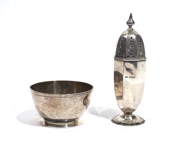 A SILVER SUGAR CASTER AND A SILVER BOWL (2)