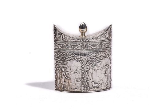 A SILVER OVAL HINGE LIDDED TEA CADDY