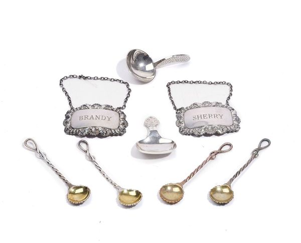 A SET OF FOUR VICTORIAN SILVER SALT SPOONS AND FOUR FURTHER ITEMS (8)