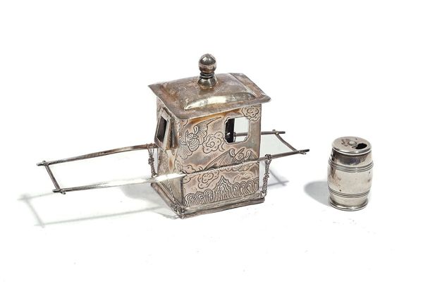 A CHINESE MODEL OF A SEDAN CHAIR AND A TIFFANY & CO PILL BOX (2)