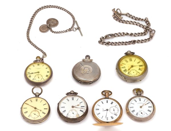 A COLLECTION OF SEVEN POCKET WATCHES AND TWO CHAINS (12)