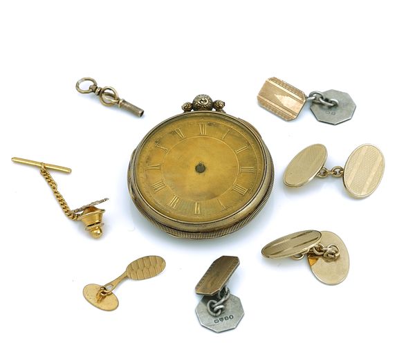 A SILVER GILT, KEY WIND, OPENFACED POCKET WATCH AND FIVE FURTHER ITEMS (6)