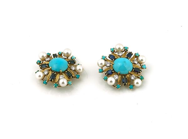 A PAIR OF GOLD, DIAMOND, SAPPHIRE, TURQUOISE AND CULTURED PEARL EARCLIPS