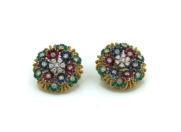 A PAIR OF GOLD, DIAMOND, SAPPHIRE, RUBY AND EMERALD CIRCULAR EARCLIPS