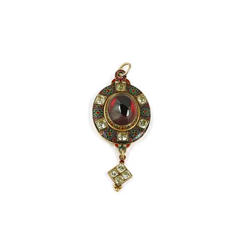 A VICTORIAN CARBUNCLE GARNET, ENAMELLED AND GEM SET PENDANT