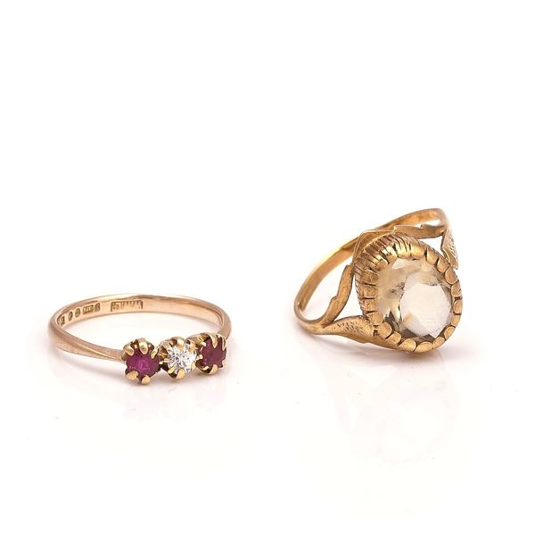 A 9CT GOLD, RUBY AND DIAMOND THREE-STONE RING AND ANOTHER RING (2)