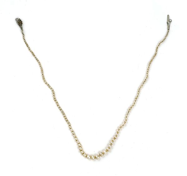 A SINGLE ROW NECKLACE OF GRADUATED SEED PEARLS