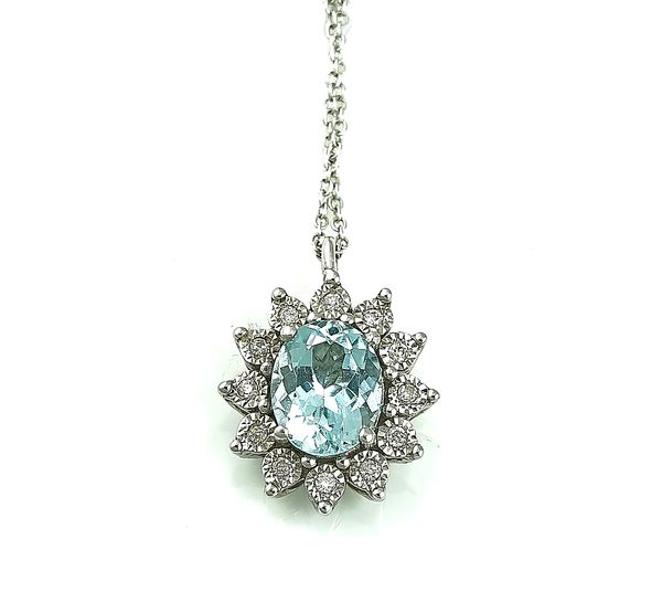 A WHITE GOLD, AQUAMARINE AND DIAMOND PENDANT, WITH A WHITE GOLD NECKCHAIN (2)