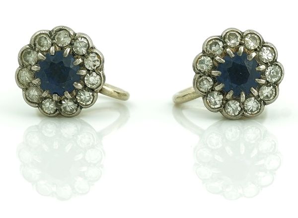 A PAIR OF DIAMOND AND SYNTHETIC BLUE GEM SET CLUSTER EARRINGS