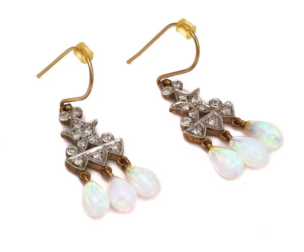 A PAIR OF GOLD, OPAL AND DIAMOND PENDANT EARRINGS