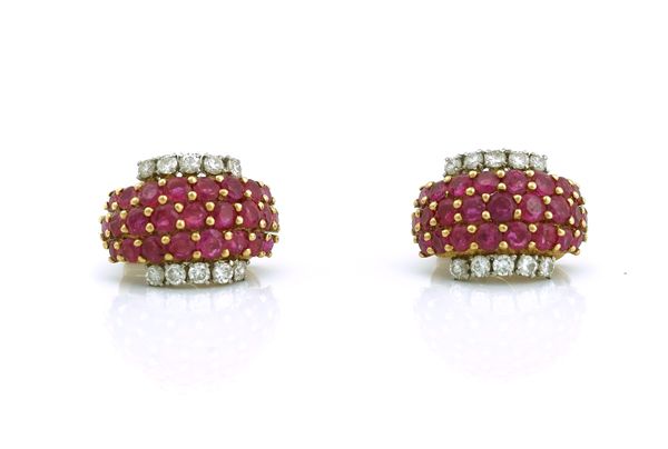 A PAIR OF GOLD, RUBY AND DIAMOND EARCLIPS