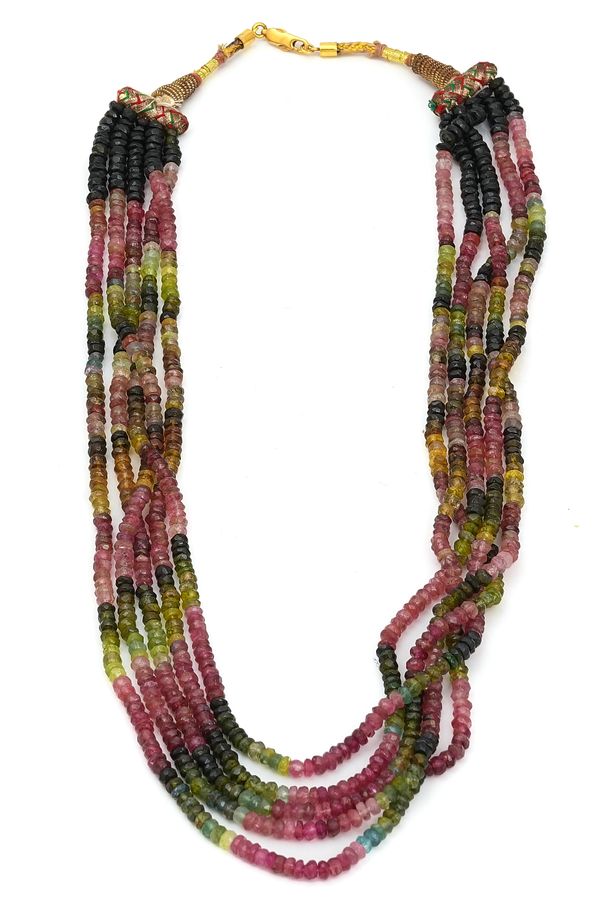 A FIVE ROW NECKLACE OF FACETED HARDSTONE BEADS