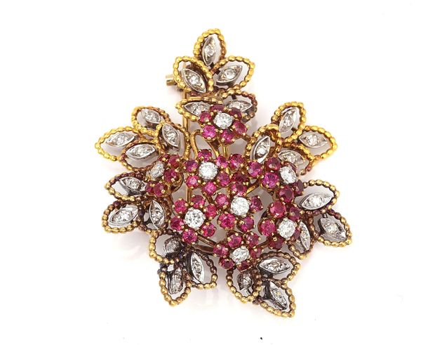 A GOLD, DIAMOND AND RUBY BROOCH