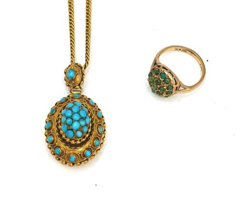 A VICTORIAN GOLD AND TURQUOISE PENDANT, A GOLD NECKCHAIN AND A 9CT GOLD RING (3)