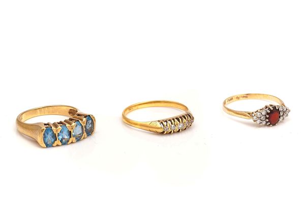 A GOLD AND DIAMOND FIVE STONE RING AND TWO FURTHER RINGS (3)
