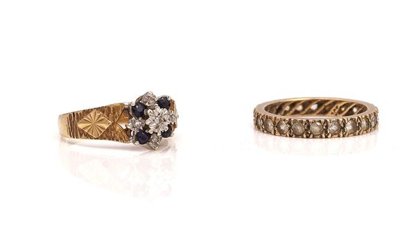 A 9CT GOLD, SAPPHIRE AND DIAMOND NINE STONE CLUSTER RING AND ANOTHER RING (2)