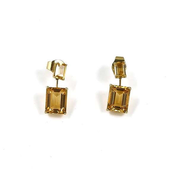 A PAIR OF GOLD AND CITRINE TWO STONE PENDANT EARRINGS