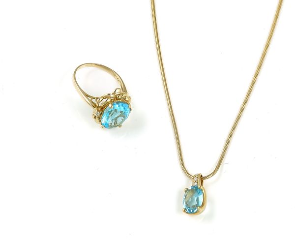 A GOLD, DIAMOND AND PALE BLUE TOPAZ PENDANT, A GOLD NECKCHAIN AND A RING (3)