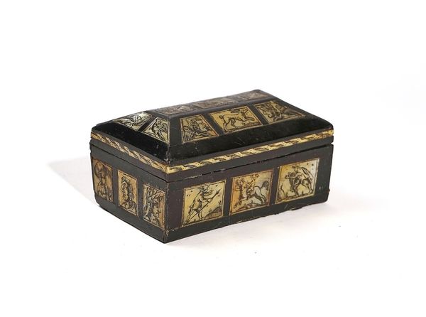 AN EBONISED, MOTHER-OF-PEARL AND BONE INLAID BOX AND COVER