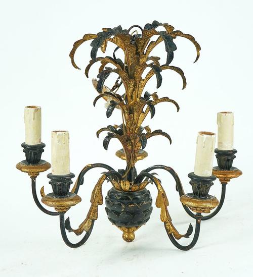 A GILT TOLE-PEINTE AND EBONISED FIVE-LIGHT CHANDELIER