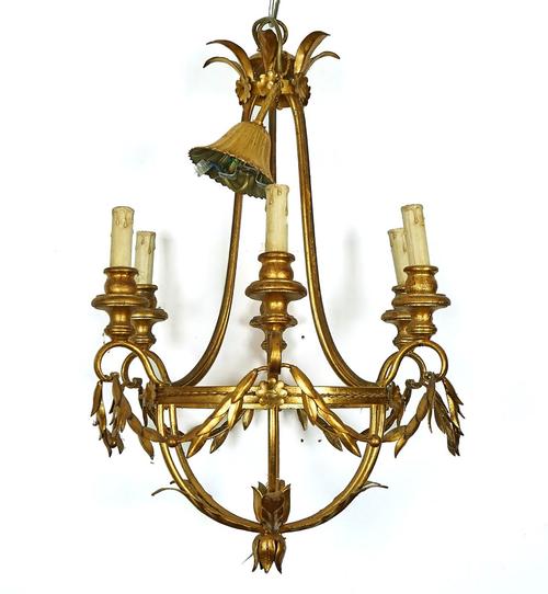 A FRENCH GILT TOLE-PEINTE SIX-LIGHT CHANDELIER