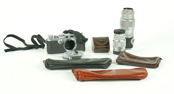 A LEITZ WETZLAR LEICA IIIf CAMERA WITH TWO LENSES, LIGHT METER AND VIEWFINDER (5)