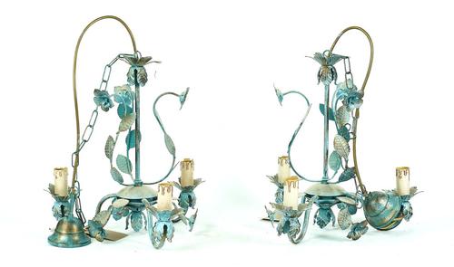 A PAIR OF ITALIAN BLUE PAINTED METAL THREE-LIGHT CHANDELIERS AND ANOTHER (3)