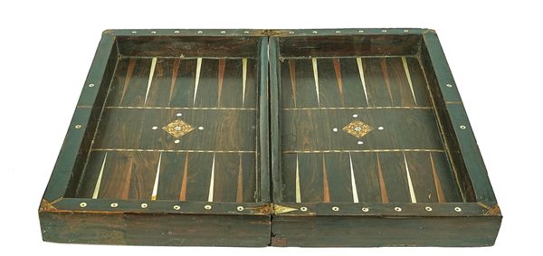 A CONTINENTAL ROSEWOOD, FRUITWOOD  AND IVORY INLAID FOLDING GAMES BOARD