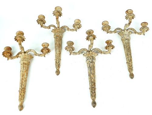 SET OF FOUR LOUIS XVI STYLE WHITE PAINTED CAST IRON THREE-LIGHT WALL APPLIQUÉS (4)