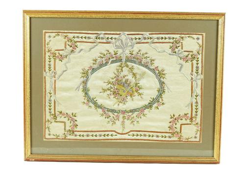 A GEORGE III SILK EMBROIDERED PANEL