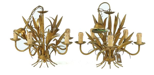 A PAIR OF FRENCH GILT TOLE-PEINTE  FIVE-LIGHT ‘WHEAT-SHEAF’ CHANDELIERS (2)