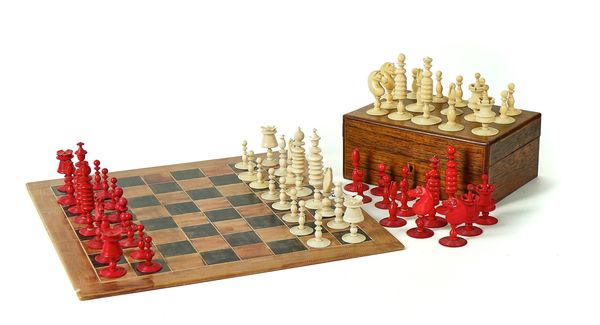 TWO ENGLISH IVORY AND BONE PLAYING CHESS SETS (2)