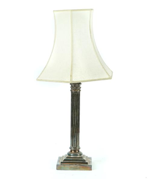 A SILVER-PLATED CORINTHIAN COLUMN TABLE LAMP