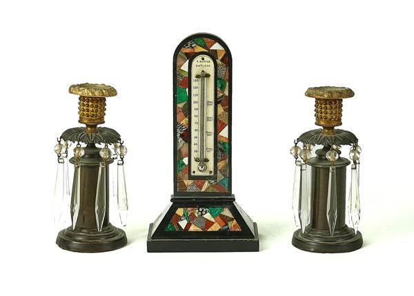 A PAIR OF REGENCY PATINATED AND GILT BRONZE LUSTRE CANDLESTICKS AND A DERBYSHIRE SPECIMEN HARDSTONE THERMOMETER (3)