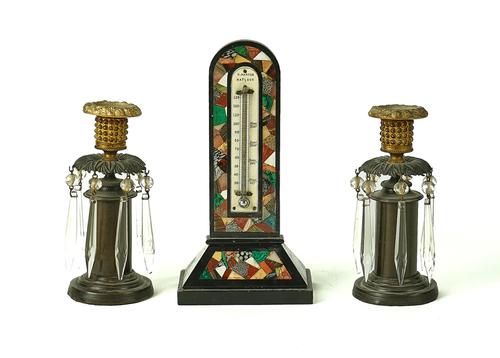 A PAIR OF REGENCY PATINATED AND GILT BRONZE LUSTRE CANDLESTICKS AND A DERBYSHIRE SPECIMEN HARDSTONE THERMOMETER (3)