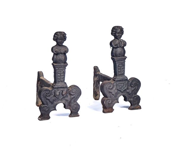 A PAIR OF BAROQUE STYLE CAST IRON ANDIRONS OR FIRE DOGS (2)