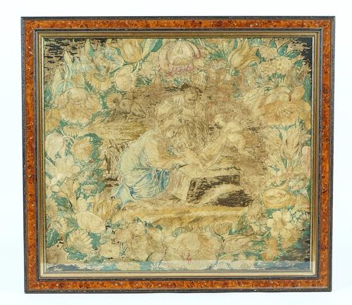 AN ENGLISH PETIT POINT NEEDLEWORK PANEL DEPICTING TWO FIGURES IN A FOREST (2)