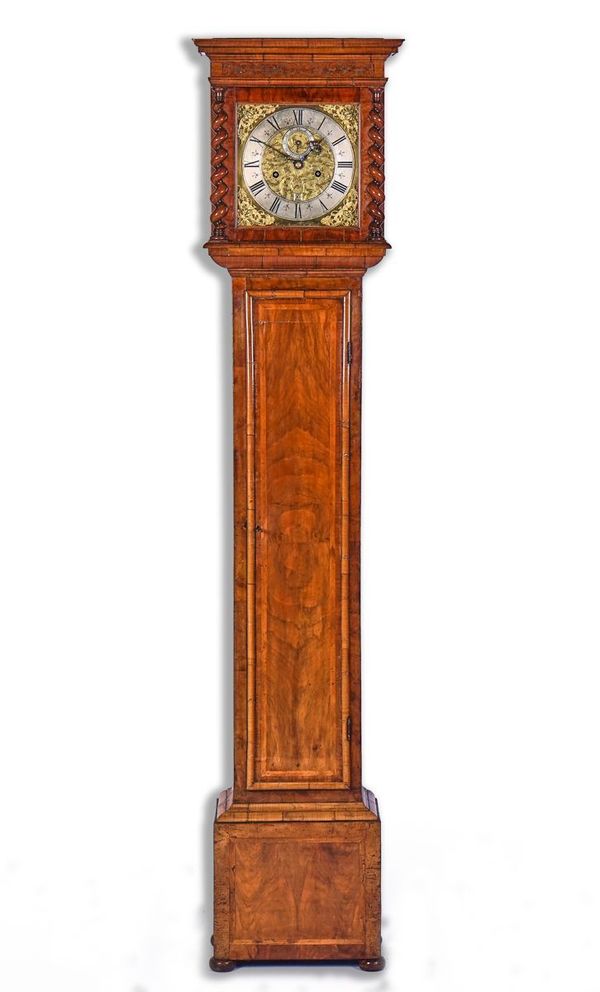 WILL COLLECT. SC SPOKE 25.2.22.   AN INTERESTING WALNUT AND FEATHER-BANDED LONGCASE CLOCK