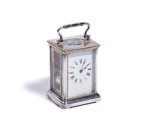 A FRENCH SILVER PLATED CARRIAGE  CLOCK