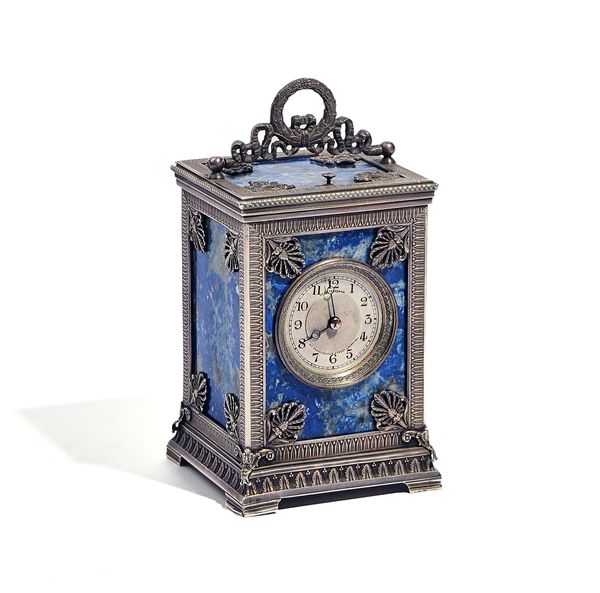 AN UNUSUAL FRENCH LAPIS LAZULI-MOUNTED SILVER PLATED REPEATING CARRIAGE CLOCK