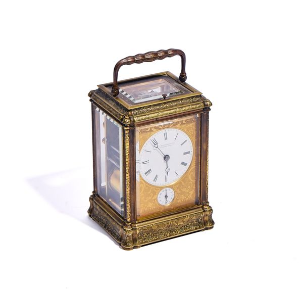 A FRENCH ENGRAVED BRASS GORGE CASED GRAND SONNERIE STRIKING ALARM CARRIAGE CLOCK